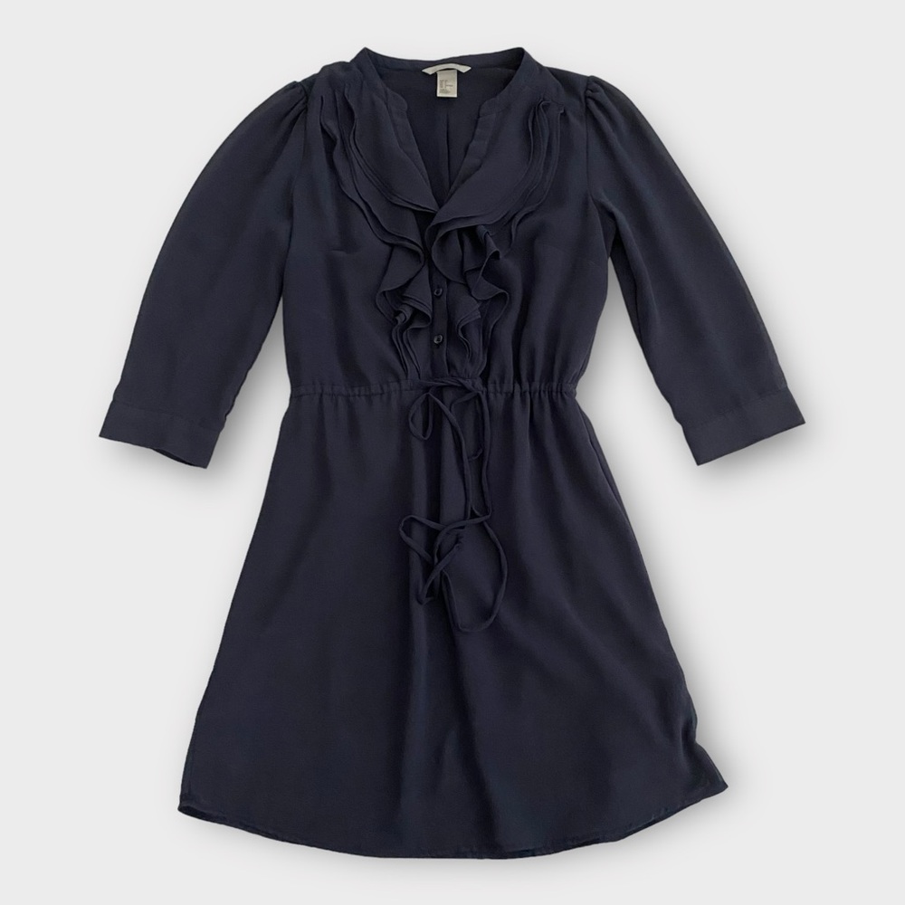 H&M Women’s Dress Size 4 Ruffle Trim Mini Navy Swingy Flowy Feminine Dainty